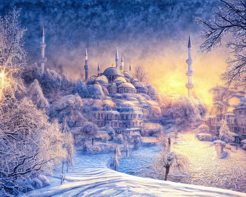 Snowy Twilight Scene: Historic Mosque, Frost-Covered Trees, Glowing Lights