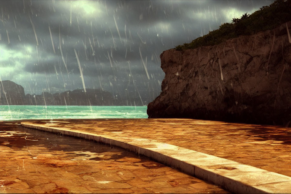 Stormy seaside pathway with cliffs and turbulent sea