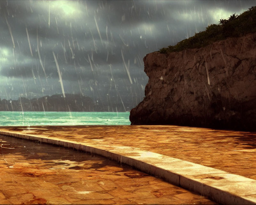 Stormy seaside pathway with cliffs and turbulent sea