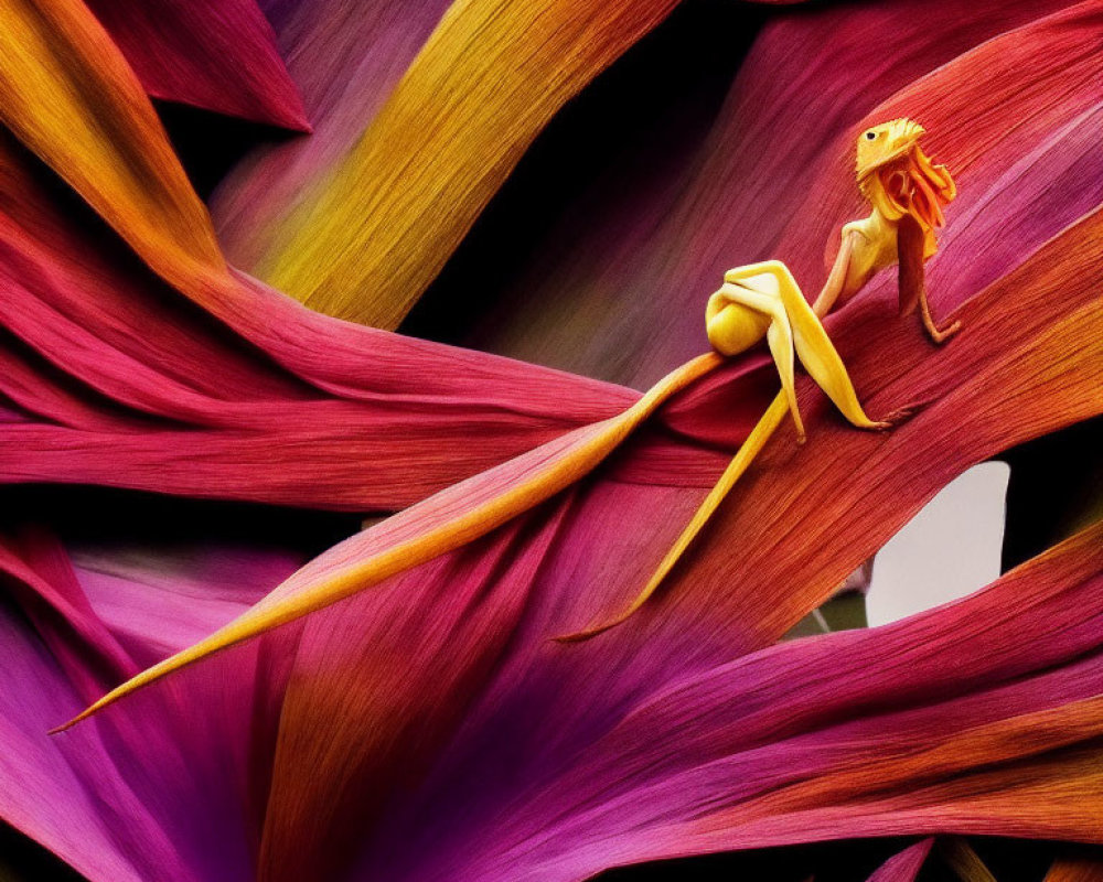 Yellow Frog Resting on Purple and Pink Petals in Vibrant Nature Scene