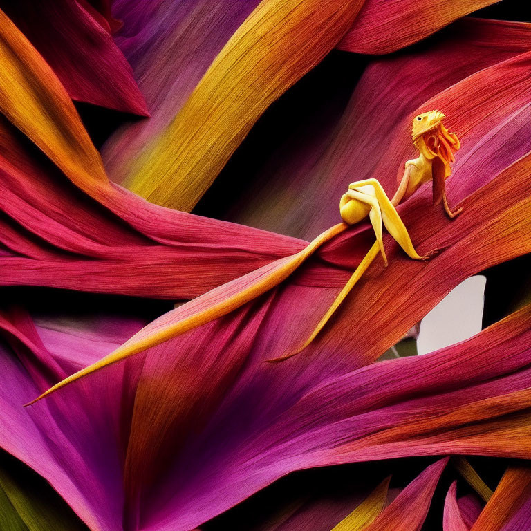 Yellow Frog Resting on Purple and Pink Petals in Vibrant Nature Scene