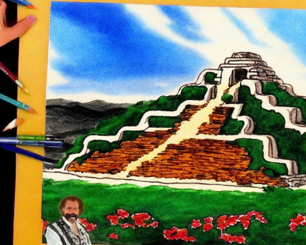 Hand-drawn Mesoamerican pyramid with blue sky, greenery, and smiling man cutout