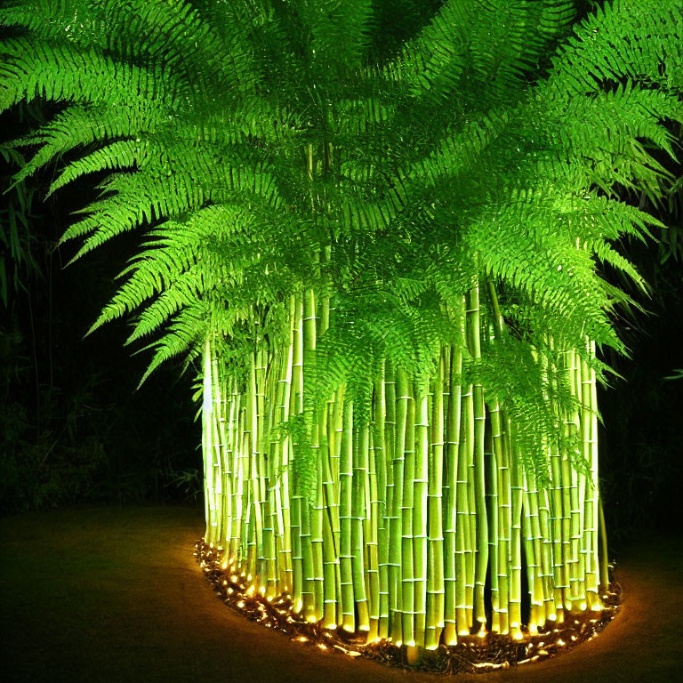 Bamboo stalks illuminated at night, creating dramatic contrast