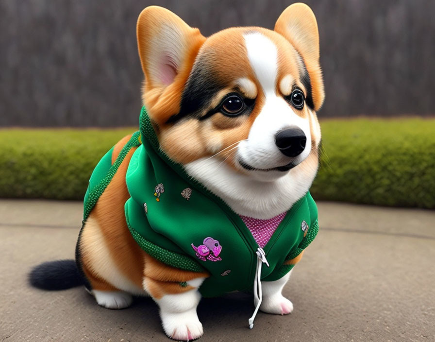 Adorable Corgi Dog in Green Hoodie with Pins on Blurred Background