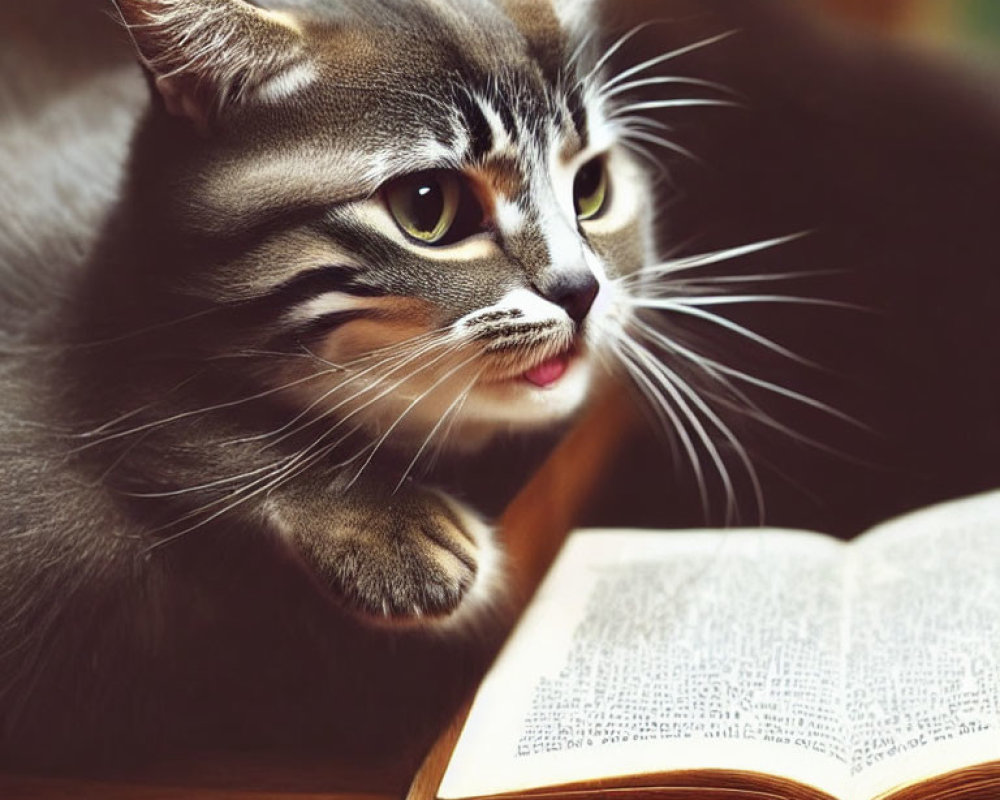 Tabby Cat Reading Book on Wooden Surface