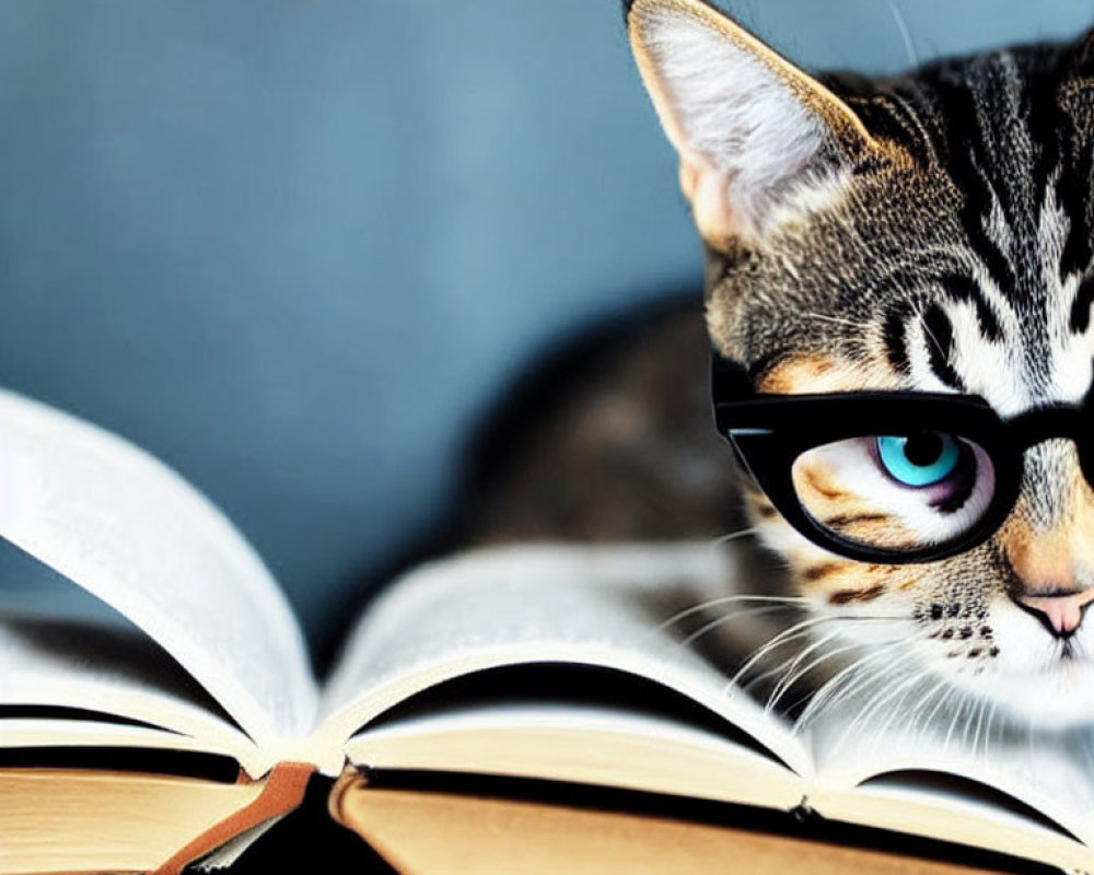 Turquoise-eyed cat looking over open book in close-up shot