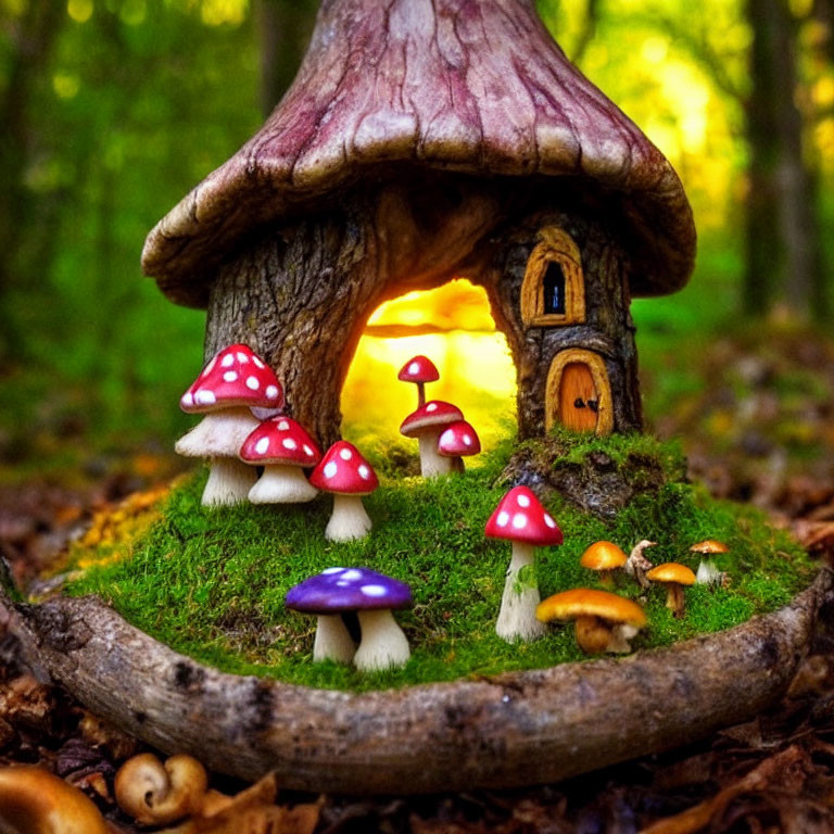 Miniature Mushroom House with Glowing Interior Surrounded by Colorful Toadstools