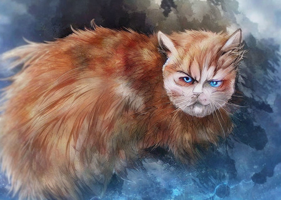 Fluffy Orange Cat with Blue Eyes Scowling on Misty Blue Background