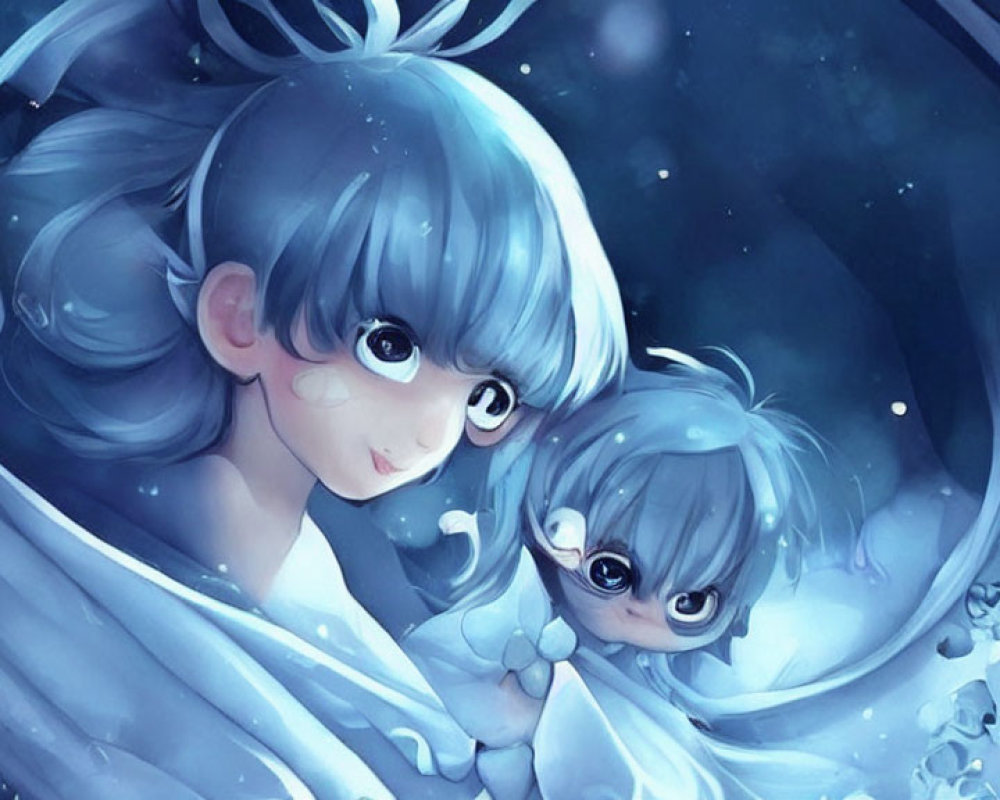 Two animated characters with pale blue hair in celestial setting wearing white garment