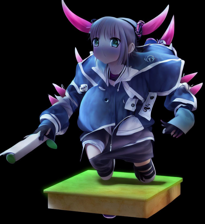 Cartoon-Style Character with Pink Horns and Blue Hair on Green Platform