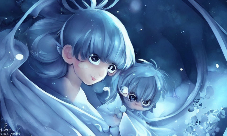 Two animated characters with pale blue hair in celestial setting wearing white garment