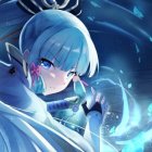 Two animated characters with pale blue hair in celestial setting wearing white garment