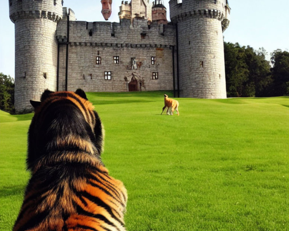 Tiger observing deer on green lawn near castle under blue sky