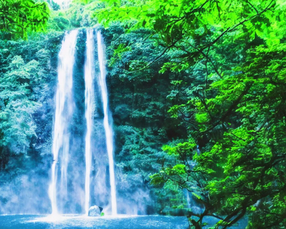 Tranquil waterfall in lush forest setting