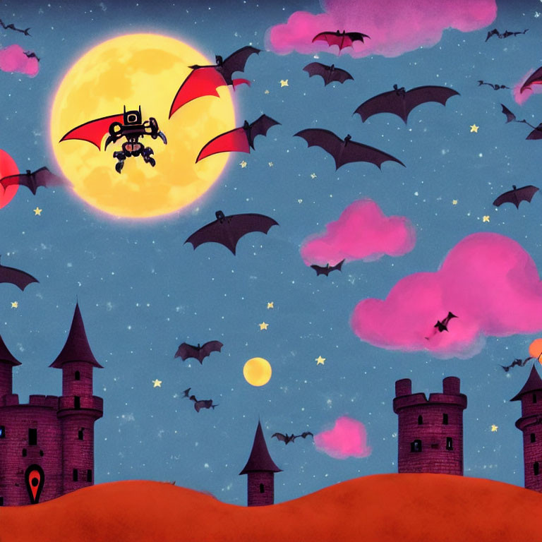 Whimsical night sky with yellow moon, bats, stars, and castles