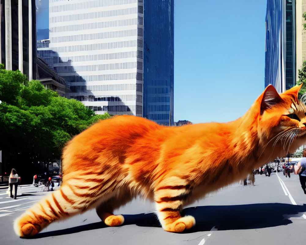 Giant orange cat walking in city street with tall buildings