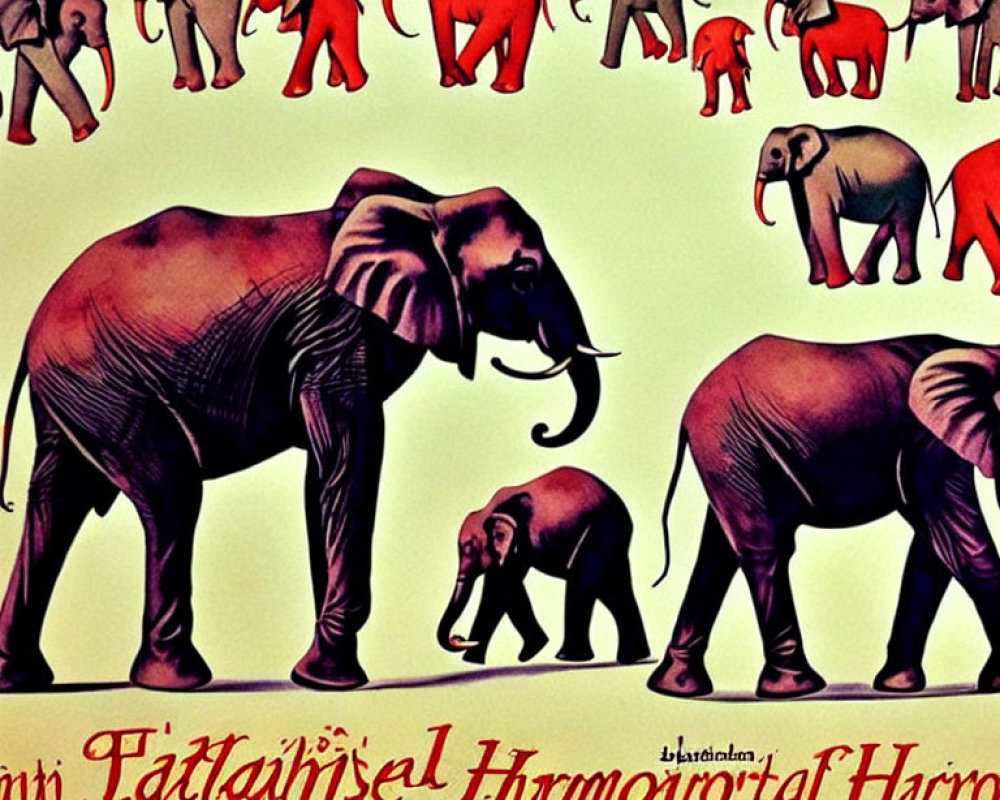 Stylized Elephant Illustrations on Vintage Poster