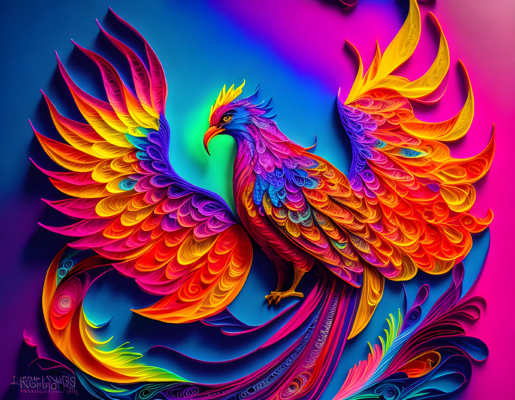 Colorful Phoenix Artwork with Feather Details in Blue, Red, Yellow, and Purple
