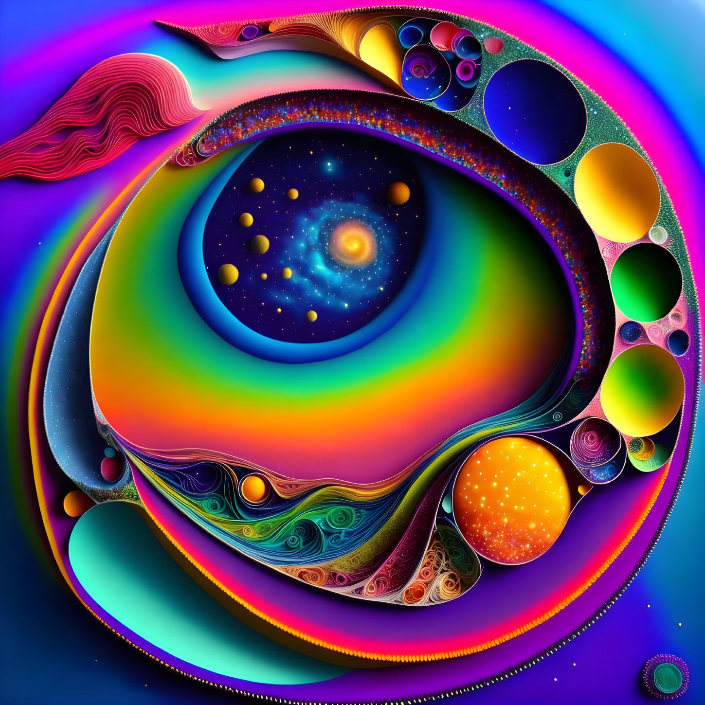 Colorful digital artwork with cosmic motif and swirling patterns.