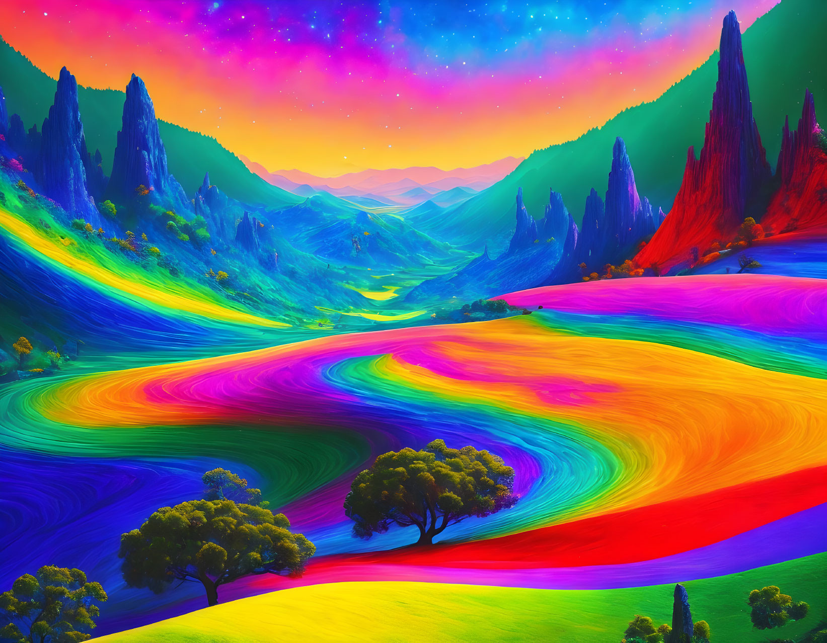 Colorful Landscape with Swirling Patterns of Purple, Blue, Red, and Yellow