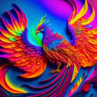 Colorful Phoenix Artwork with Feather Details in Blue, Red, Yellow, and Purple