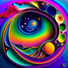Colorful digital artwork with cosmic motif and swirling patterns.