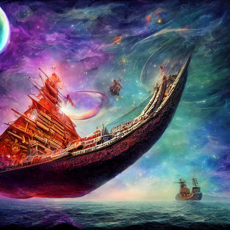 Large ornate ships sailing through a colorful cosmic sky with planets and nebulas