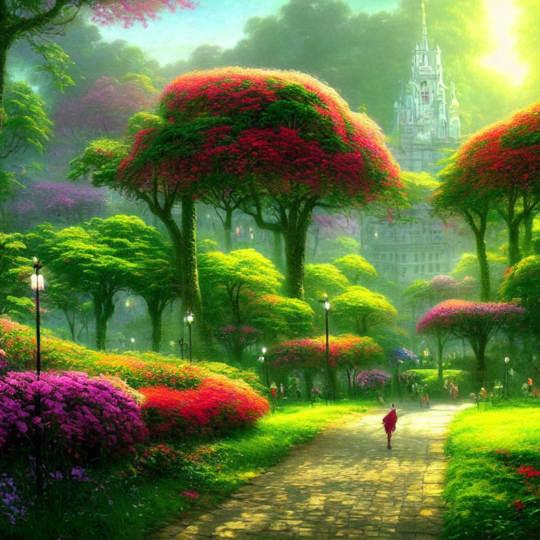 Person in red walking through vibrant fantasy garden to distant castle