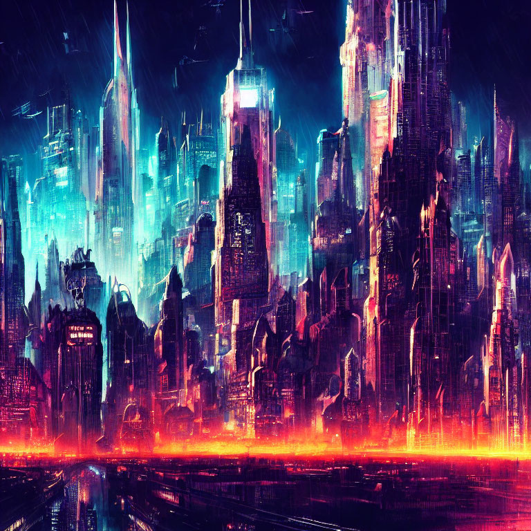 Futuristic cityscape with neon-lit skyscrapers at night