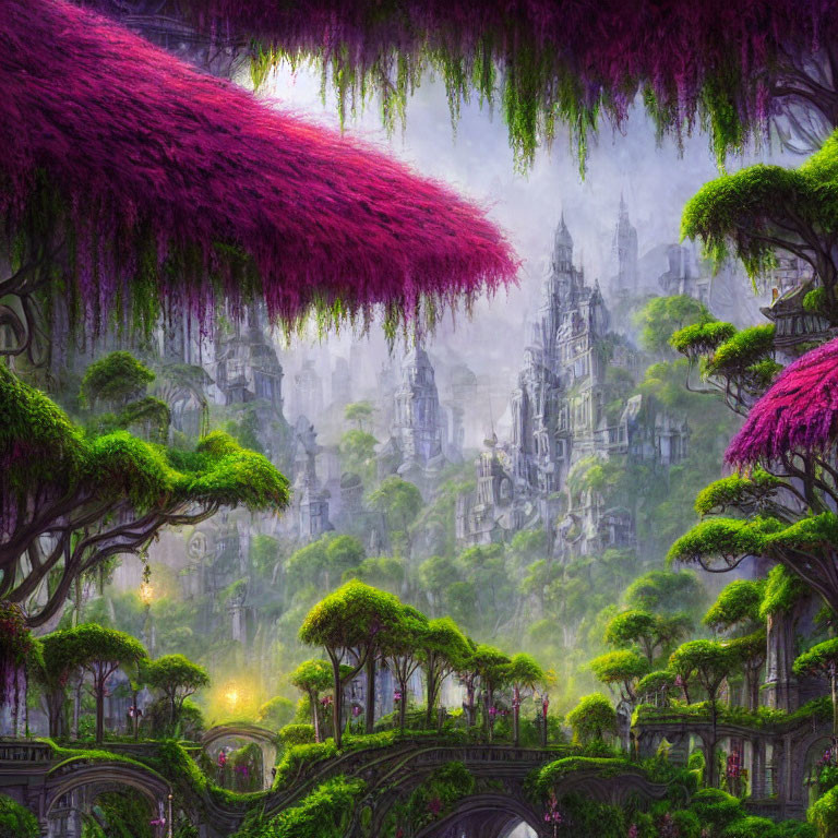 Fantasy landscape with magenta trees, foggy castle, and ornate bridge