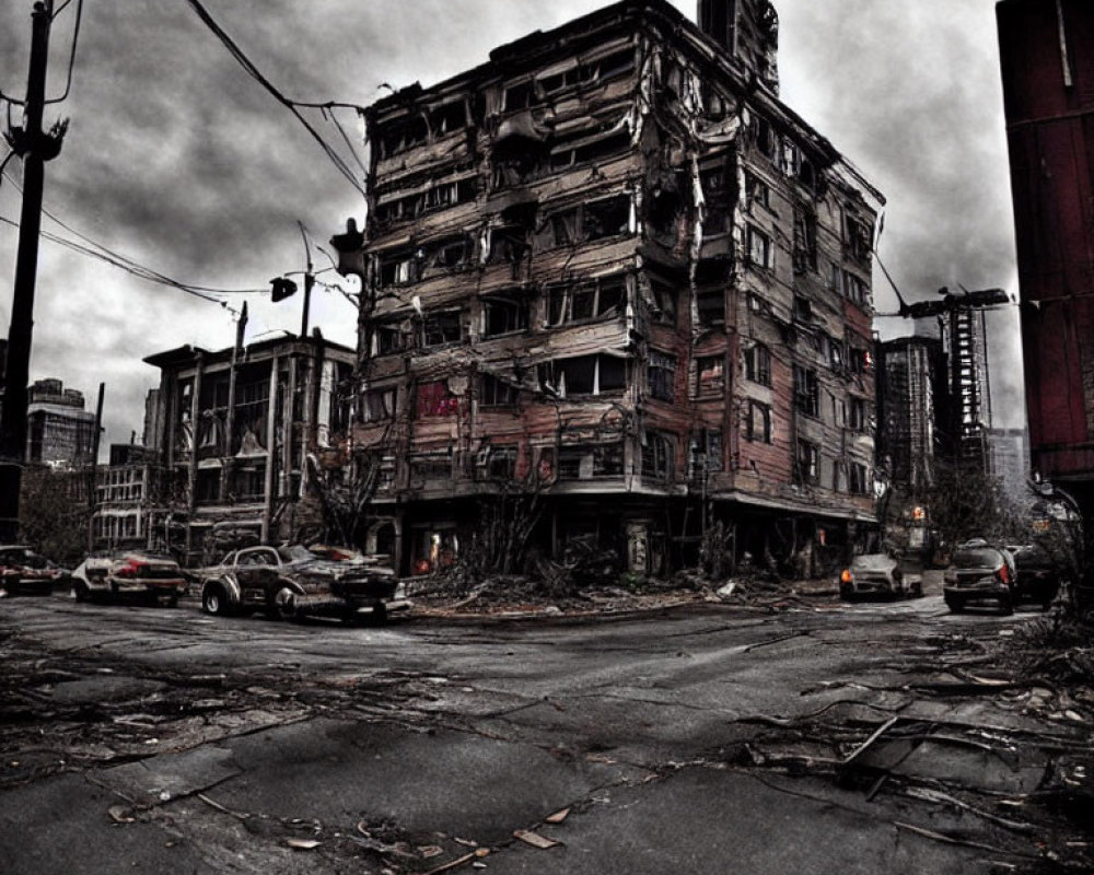 Abandoned urban scene with dilapidated building and debris-covered street