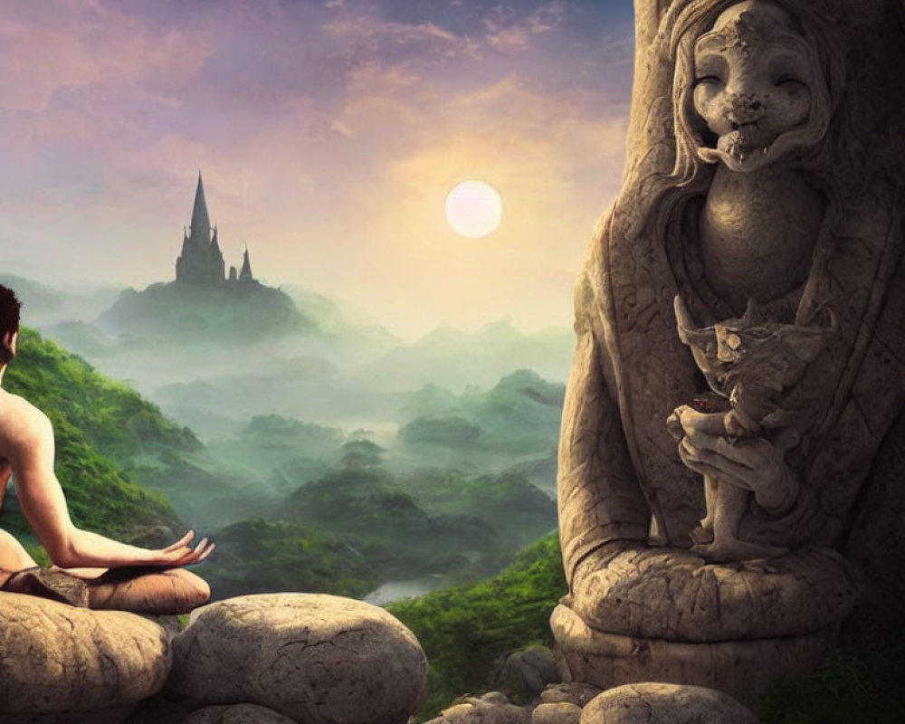 Person meditates by lion statue with small creature overlooking misty valley and castle at sunrise