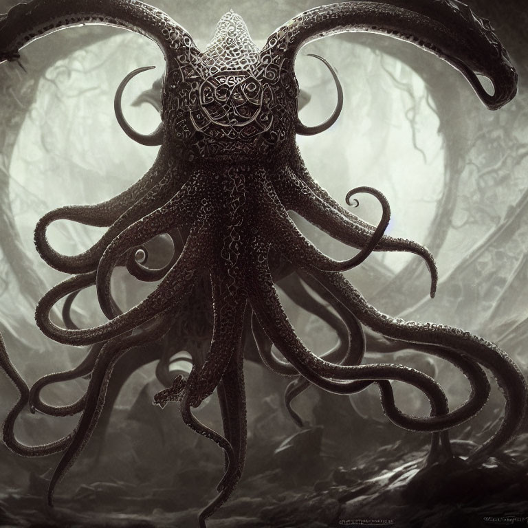 Detailed Dark Illustration of Giant Octopus with Intricate Patterns