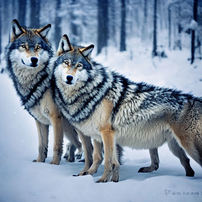 Snowy forest scene featuring two camouflaged wolves