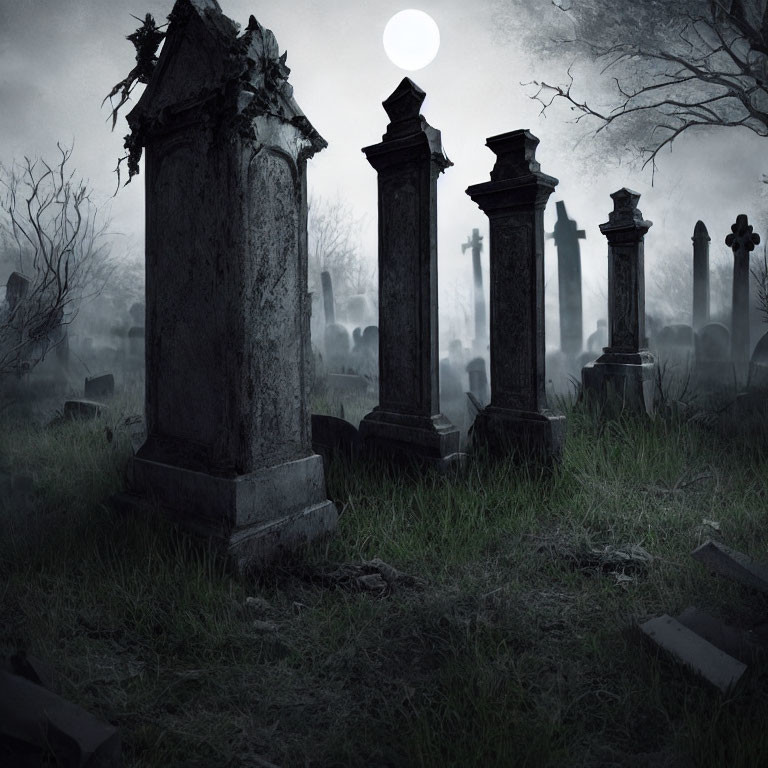 Full Moon Over Weathered Tombstones in Gloomy Night Graveyard