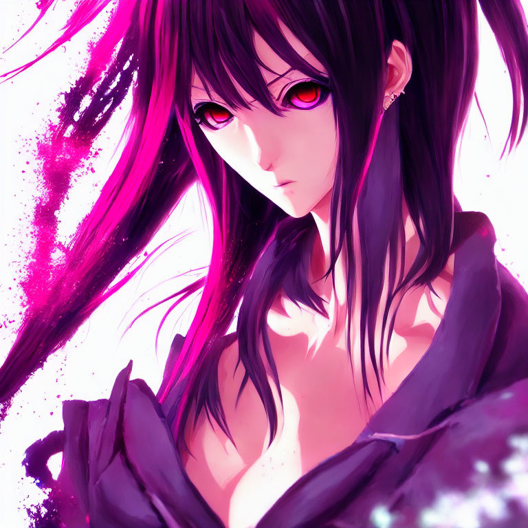 Anime-style digital artwork: Long dark hair, purple eyes, vibrant pink and purple colors