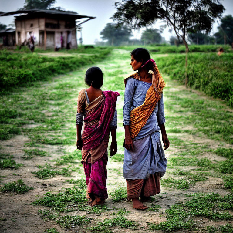 Traditional attire: Two women walking on rural path with greenery and house.