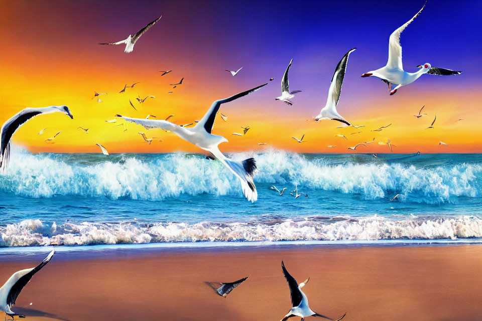 Vibrant Beach Sunset with Flying Seagulls