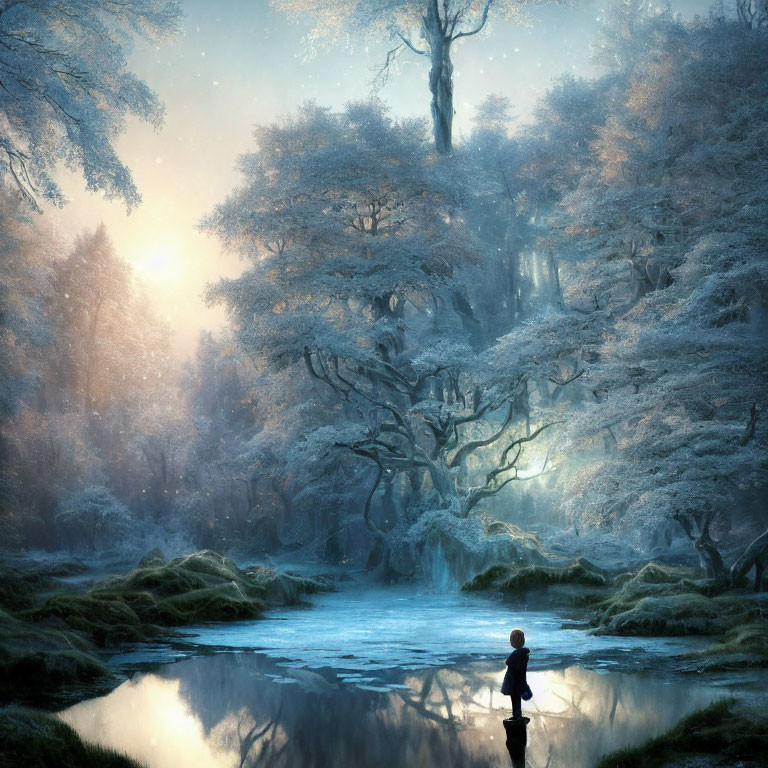 Child in frost-covered forest with glowing sun and icy stream