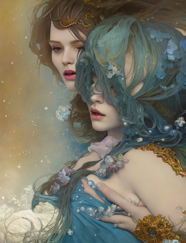 Ethereal women with ornate headdresses and floral adornments in fantasy portrait