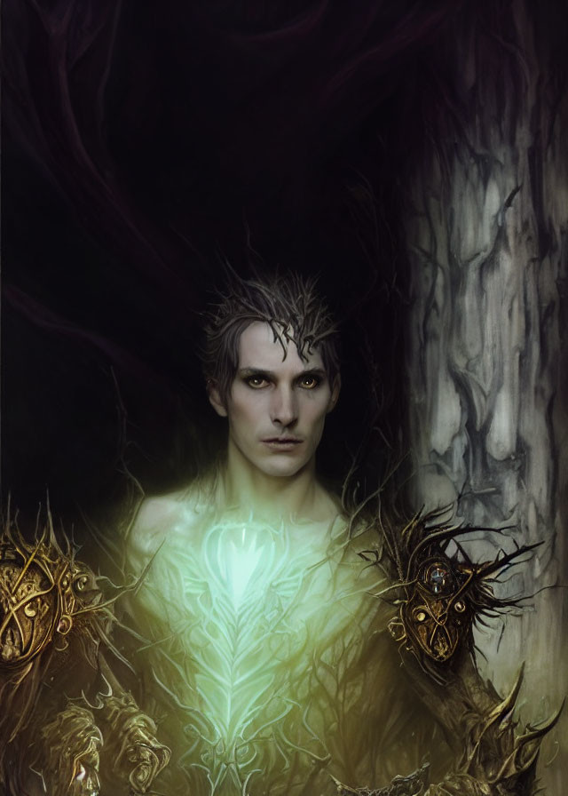 Mystical figure with glowing chest in dark woods and ethereal light