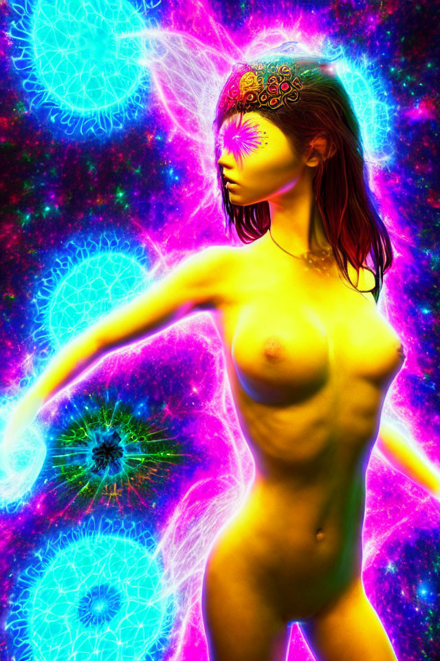 Colorful digital artwork: mystical female figure with glowing eye in cosmic neon fractals