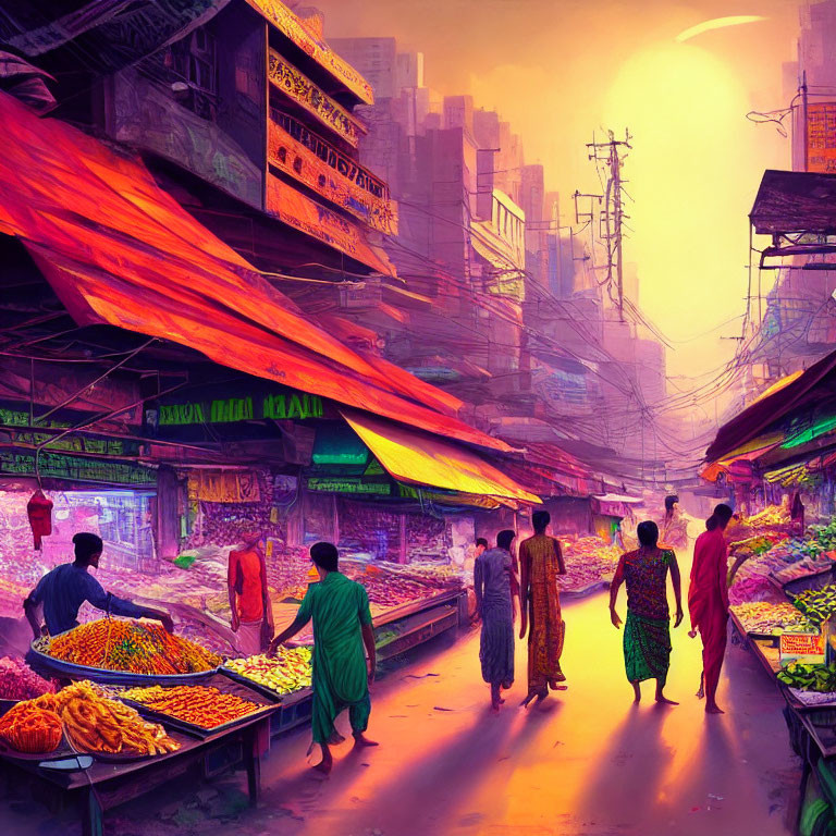 Colorful traditional market scene at sunset with vibrant stalls and fruits, set against towering buildings.