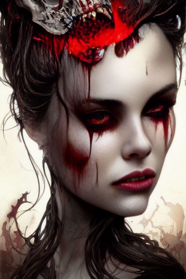 Dark image of woman with haunting expression, red-black eye makeup, smeared blood, and crown-like