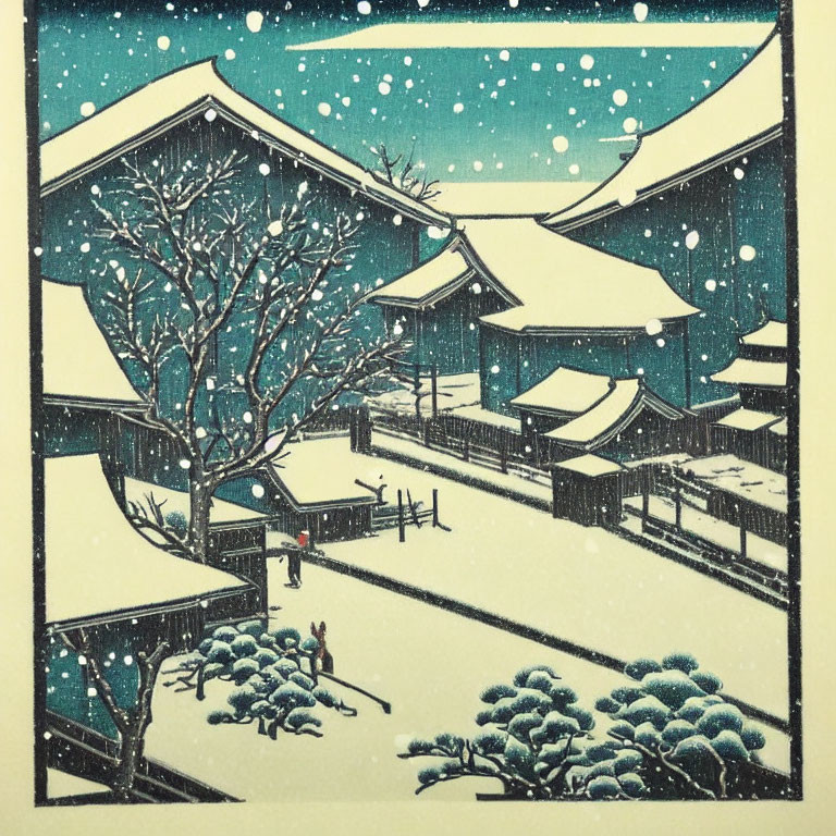 Japanese Woodblock Print of Snow-Covered Buildings and Lone Figure