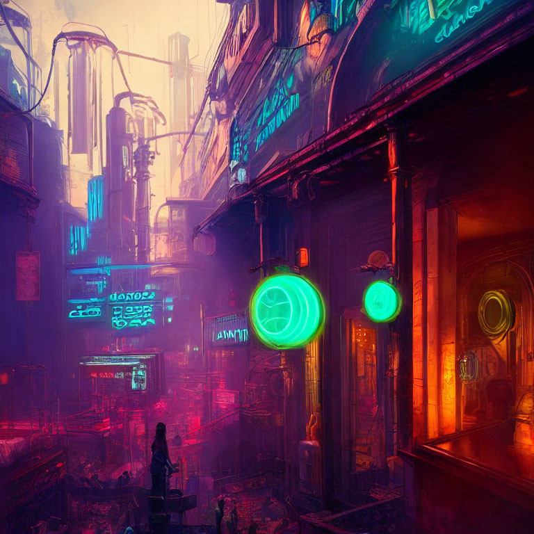 Cyberpunk-themed neon alleyway with glowing signs & solitary figure