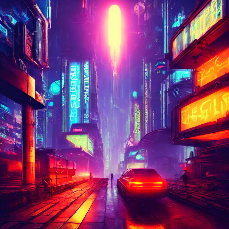 Futuristic neon-lit cityscape with skyscrapers and flying cars