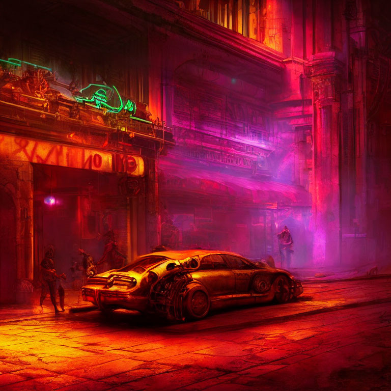 Futuristic car in neon-lit dystopian alley at night