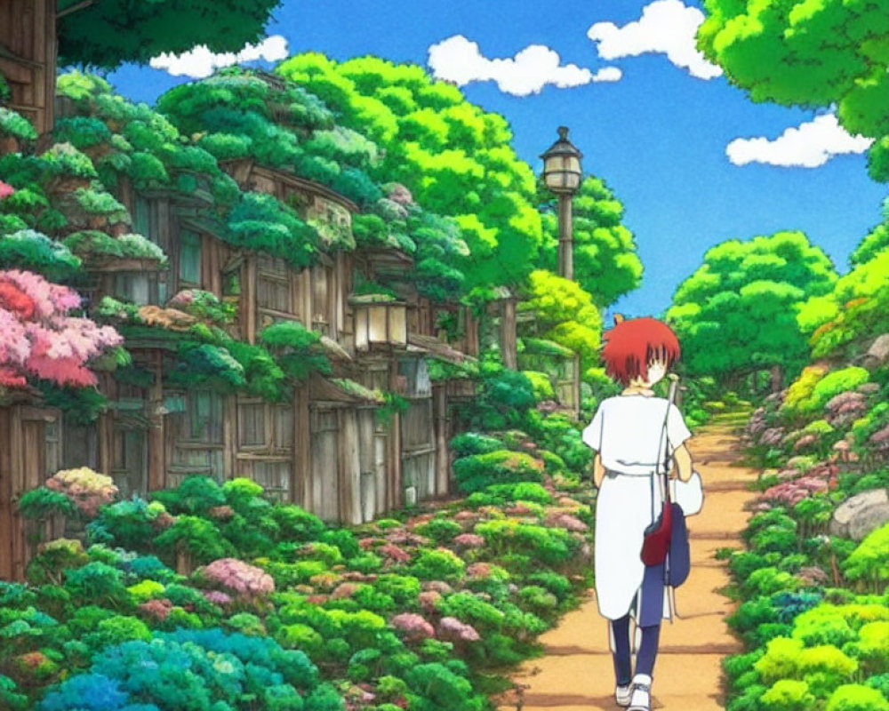 Red-haired character in white outfit walking among lush greenery and colorful trees by traditional wooden houses.