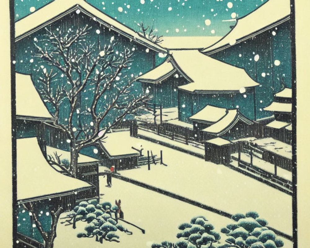 Japanese Woodblock Print of Snow-Covered Buildings and Lone Figure